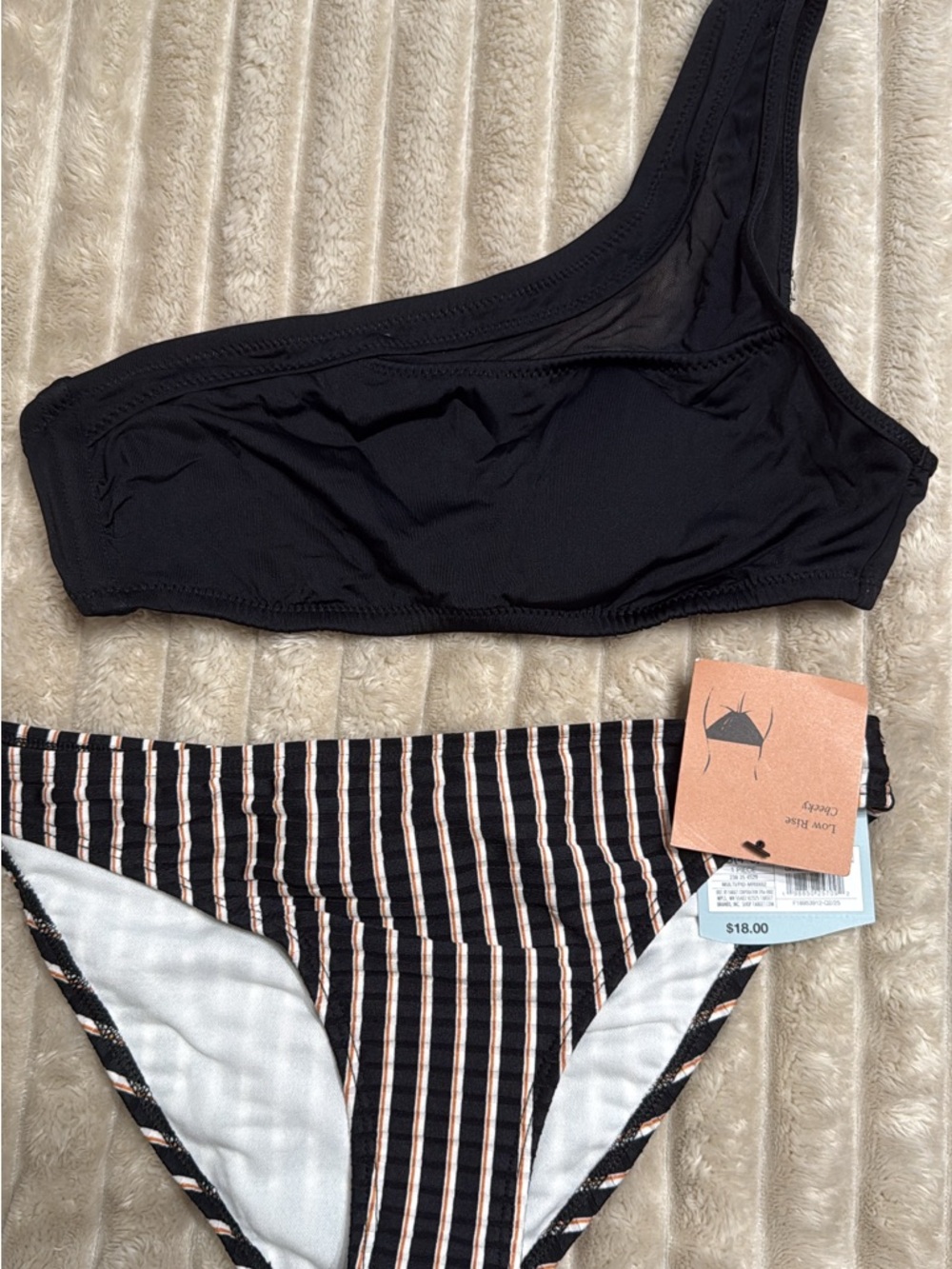 Small Black One-Shoulder Bikini Top & Striped Bikini Bottoms